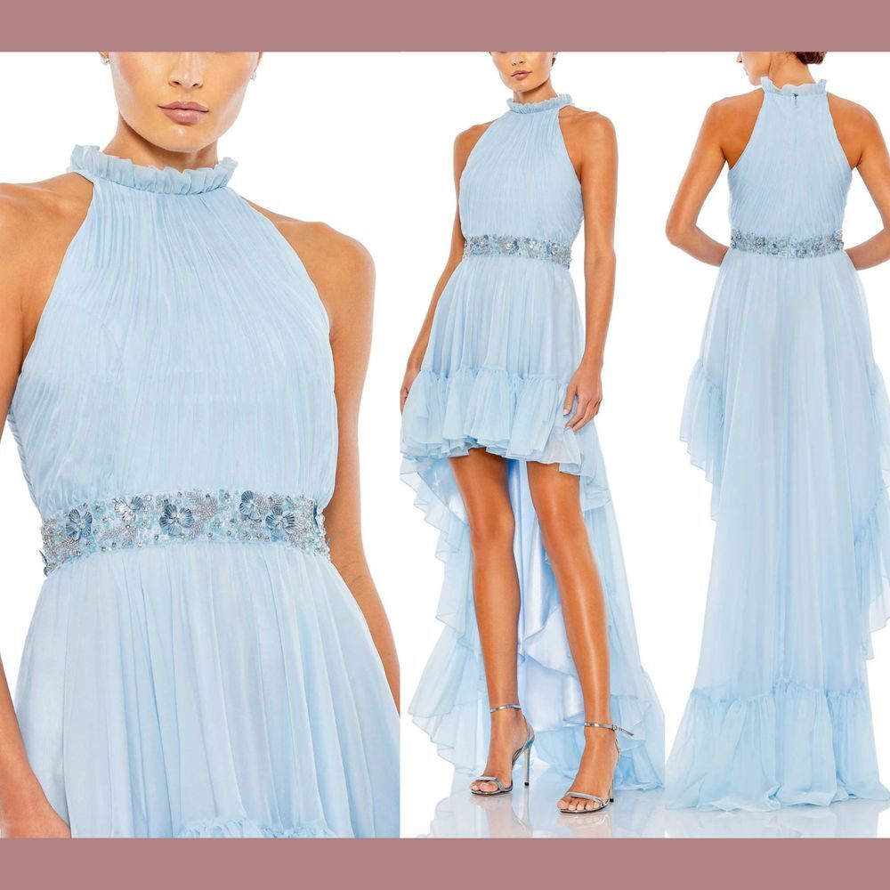 NWT $398 Mac Duggal [ 4 ]‎ Halter Neck High-Low Gown 68029 In ICE Blue #J149